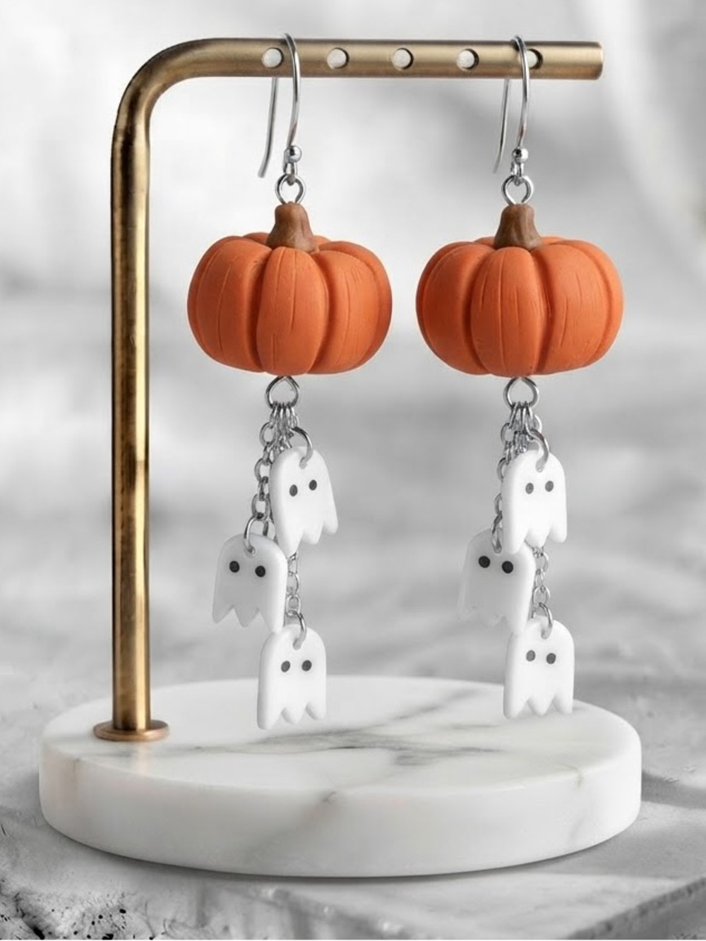 Pumpkin Ghost Dangles - Halloween - Handmade Earrings Orange & White